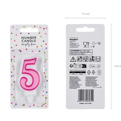 Świeczka urodzinowa 7cm PARTYDECO CYFRA "5" różowa 1szt.