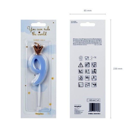 Świeczka urodzinowa 9,5cm PARTYDECO CYFRA "9" jasna niebieska z koroną 1szt.