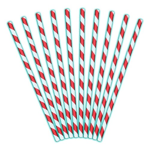 Słomki/rurki papierowe 19,5cm PARTYDECO z ukośnymi białymi paskami jasne różowe 10szt.