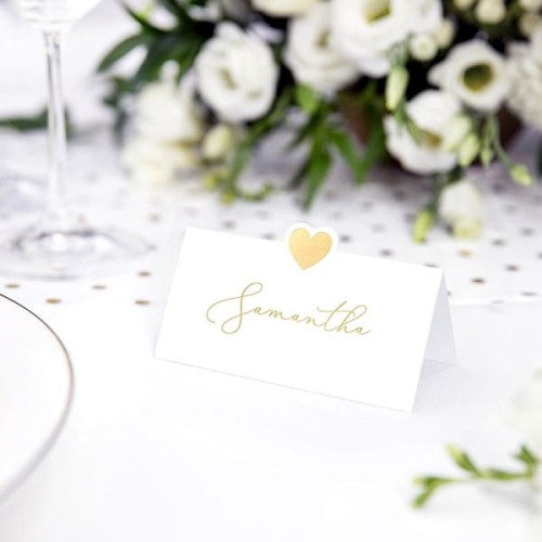Wizytówki na stół 10x5cm PARTYDECO papierowe z metalizowanym złotym sercem białe 10 szt.