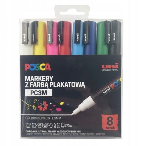 Marker z farbą plakatową okrągły 0,9-1,3mm UNI POSCA PC-3M mix kolorów 8szt.