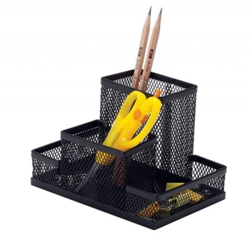 Przybornik na biurko metalowy siatka 4 komory Q-CONNECT OFFICE SET czarny