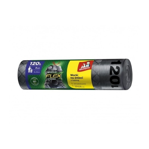 Worki na śmieci 120L LDPE JAN NIEZBĘDNY z taśmą magnum flexstrong czarne 8szt.