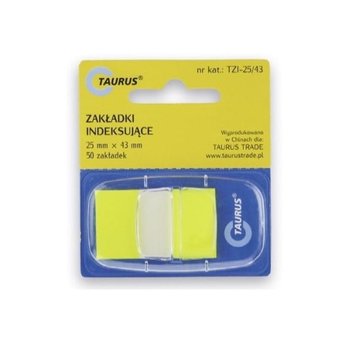 Zakładki indeksujące 25x43mm PP 1x50szt z podajnikiem TAURUS żółte 50szt.