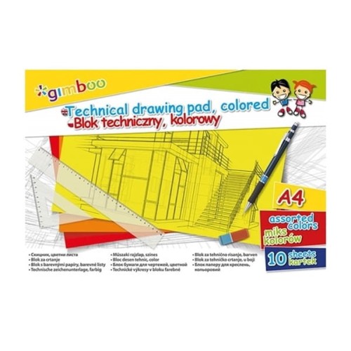 Blok techniczny A4/150g kolorowy 10 kartek GIMBOO
