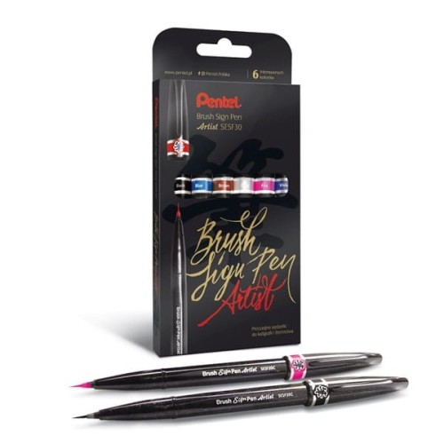 Pisaki 6 kolorów pędzelkowe/brush do kaligrafii i liternictwa  PENTEL BRUSH SIGN PEN ARTIST czarny, niebieski, brązowy, srebrny, różowy, fioletowy 6szt.