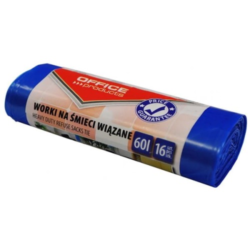 Worki na śmieci 60l OFFICE PRODUCTS LDHD premium wiązane 13mic niebieskie 16 sztuk