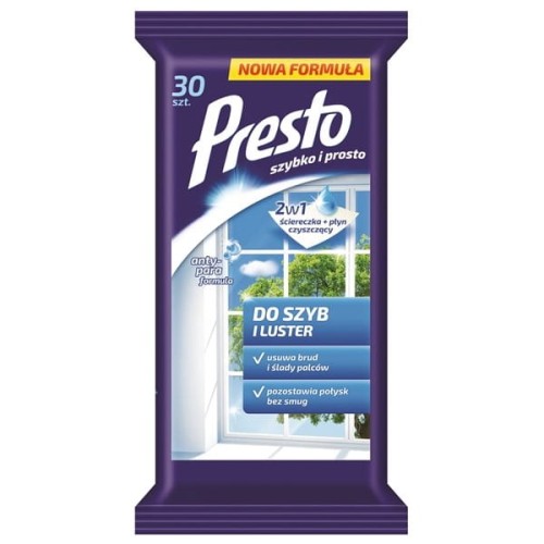 Ściereczki nawilżane do szyb i luster PRESTO 30szt.