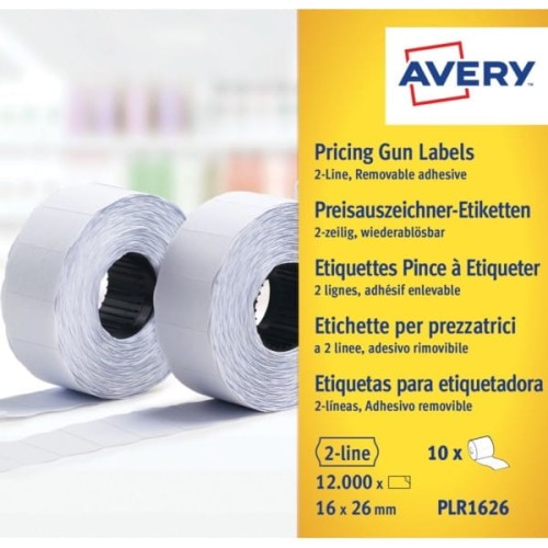 Etykiety cenowe w rolce do metkownicy dwurzędowej Avery Zweckform; usuwalne; 1200 etyk./rolka; 10 rolek/op.; 16 x 26 mm, białe
