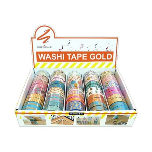 Taśma klejąca/dekoracyjna 15mm x 5m NARCISSUS WASHI TAPE Gold mix wzorów 1szt.