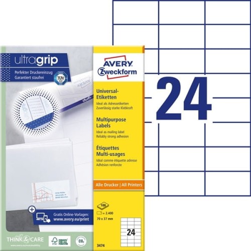 Etykiety papierowe 70x37mm AVERY ZWECKFORM samoprzylepne do druku ultragrip 100ark 2400etykiet białe