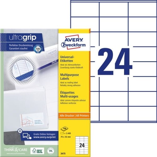 Etykiety papierowe 70x36mm AVERY ZWECKFORM ultragrip 100ark 2400etykiet białe