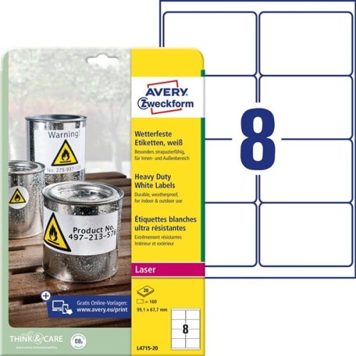 Etykiety foliowe poliestrowe 99,1x67,7mm AVERY ZWECKFORM wodoodporne heavy duty 20ark 160etykiet białe matowe