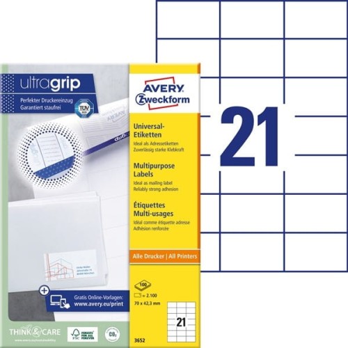 Etykiety papierowe 70x42,3mm AVERY ZWECKFORM samoprzylepne do druku ultragrip 100ark 2100etykiet białe