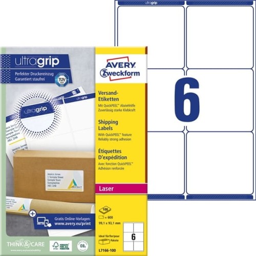 Etykiety papierowe 99,1x93,1mm AVERY ZWECKFORM wysyłkowe ultragrip 100ark 600etykiet białe
