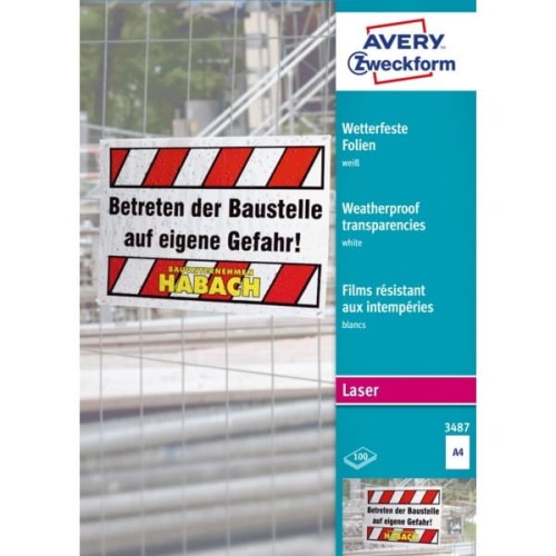 Folia wodoodporna A4 AVERY ZWECKFORM do drukarek laserowych i kserokopiarek biała 0,12 mm 100szt.