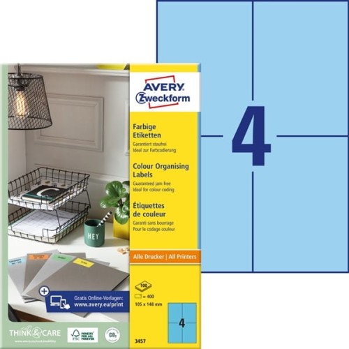 ETYKIETY PAPIEROWE 105x148mm AVERY ZWECKFORM 100ark 400etykiet NIEBIESKIE  /3457/