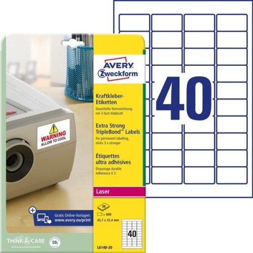 Etykiety foliowe poliestrowe 45,7x25,4mm AVERY ZWECKFORM wodoodporne zabezpieczające triple bond 20ark 800etykiet białe matowe