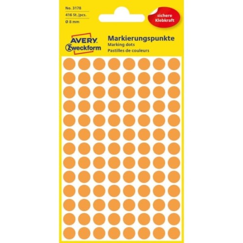 Etykiety papierowe okrągłe 8mm AVERY ZWECKFORM 4ark 416etykiet neonowe pomarańczowe