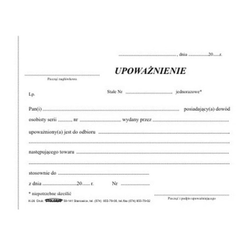 Druk "Upoważnienie"" STOLGRAF A6 k-26