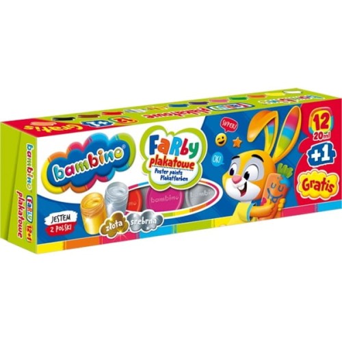 Farby plakatowe 12 kolorów + 1 cielisty gratis 20ml BAMBINO