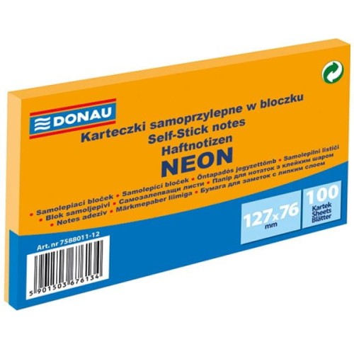 Notes samoprzylepny 76x127mm 100 kartek neonowy pomarańczowy DONAU