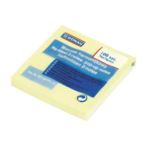 Bloczek biurowy samoprzylepny DONAU, typu Z, 76x76mm, 1x100 kart., jasnożółty