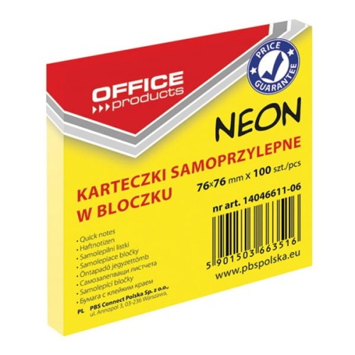 Bloczek biurowy samoprzylepny OFFICE PRODUCTS 76x76mm, 1x100 kart., neon, żółty