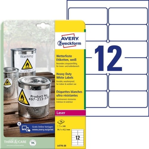 Etykiety foliowe poliestrowe 99,1x42,3mm AVERY ZWECKFORM wodoodporne heavy duty 20ark 240etykiet białe matowe