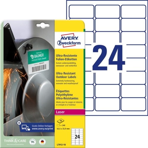 Etykiety foliowe polietylenowe 63,5x33,9mm AVERY ZWECKFORM wodoodporne ultra resistant 10ark 240etykiet białe matowe