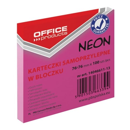 Bloczek biurowy samoprzylepny OFFICE PRODUCTS 76x76mm, 1x100 kart., neon, różowy