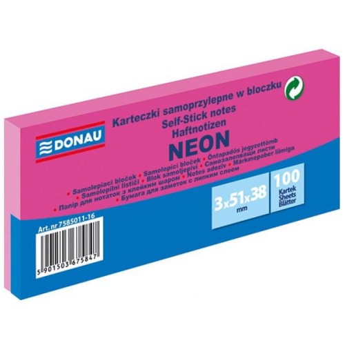 Notes samoprzylepny 38x51mm 3x100 kartek neonowy różowy DONAU