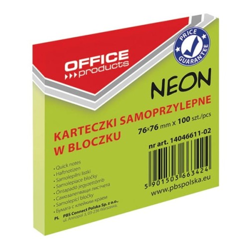 Bloczek biurowy samoprzylepny OFFICE PRODUCTS 76x76mm, 1x100 kart., neon, zielony