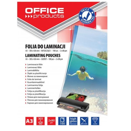 Folia do laminowania A3 303x426mm 80mic OFFICE PRODUCTS 100szt /20325615-90/