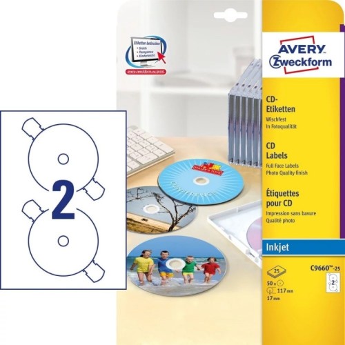 Etykiety papierowe na cd okrągłe 117mm AVERY ZWECKFORM supersize 25ark 50etykiet białe błyszczące