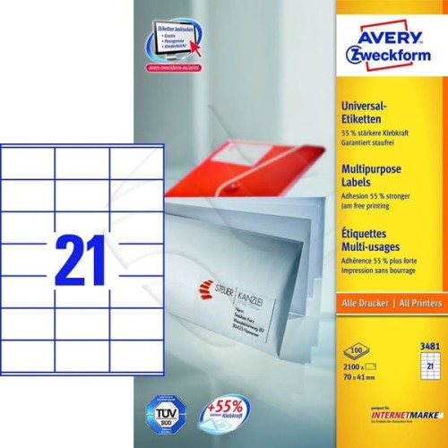 Etykiety papierowe 70x41mm AVERY ZWECKFORM 100ark 2100etykiet białe