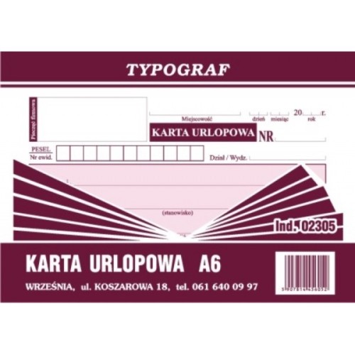 Druk offsetowy karta urlopowa A6 80 kartek OFFSET 02305 TYPOGRAF