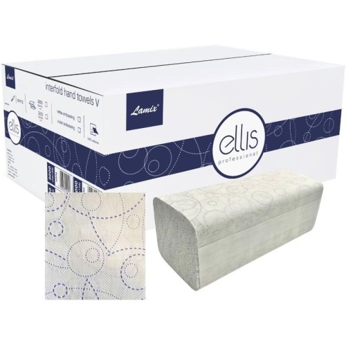 Ręcznik ZZ BIAŁY celuloza 2-WARSTWOWY 2x18g 3000szt. 21op. x 150 listków 24x21cm LAMIX V ELLIS PROFESSIONAL z fioletowym tłoczeniem