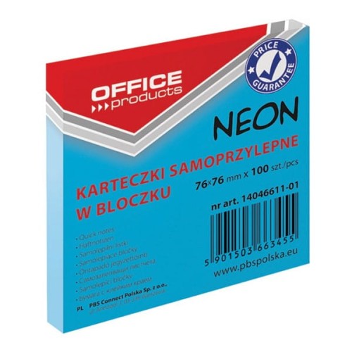 Bloczek biurowy samoprzylepny OFFICE PRODUCTS 76x76mm, 1x100 kart., neon, niebieski