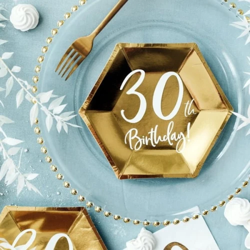 Talerze papierowe 20x17cm PARTYDECO 30TH BIRTHDAY! Metalizowane złote 6szt. /TPP73-30-019M/