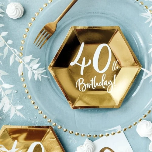 Talerze papierowe 20x17cm PARTYDECO z białym nadrukiem 40TH BIRTHDAY! metalizowane złote 6szt. /TPP73-40-019M/
