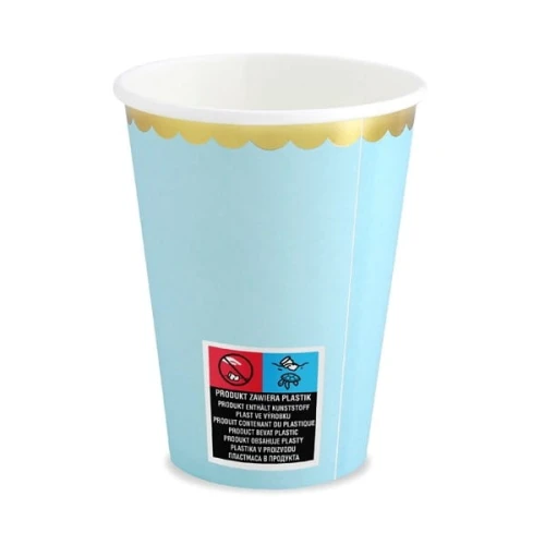 Kubki papierowe 220ml PARTYDECO jasne niebieskie ze złotym metalizowanym brzegiem 6szt. /KPP16-001J-EU1/