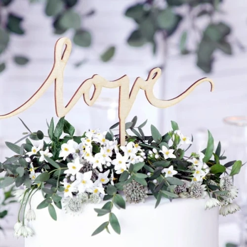 Topper/dekoracja na tort 23x16cm PARTYDECO drewniany "LOVE" 1szt.