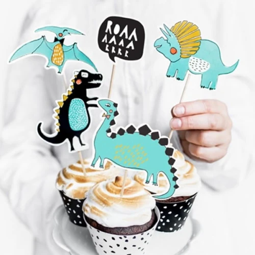 Topper/dekoracja na tort 10,5-20cm PARTYDECO dinozaury mix wzorów i kolorów 5szt.