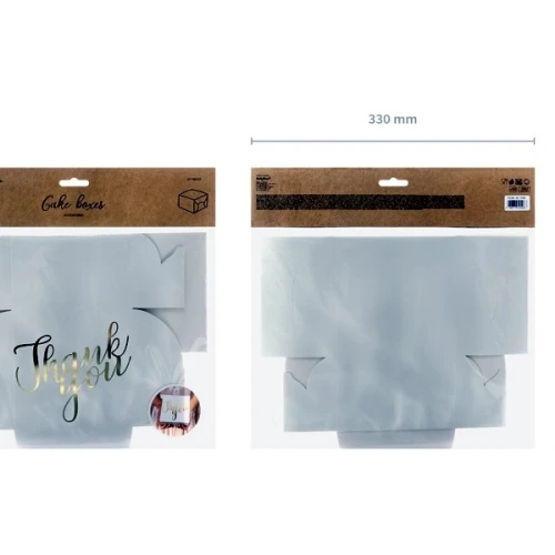 Pudełko na ciasto papierowe 14x8,5x14cm PARTYDECO ze złotym metalizowanym nadrukiem thank you białe 10szt.