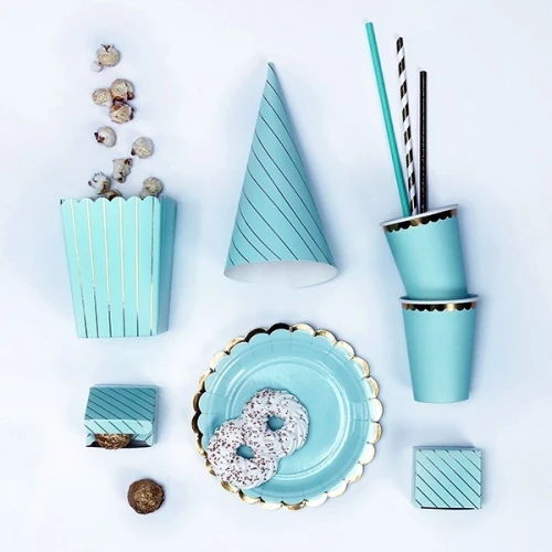 Pudełko na popcorn 7x7x12,5cm PARTYDECO jasne niebieskie w złote paski 6szt.