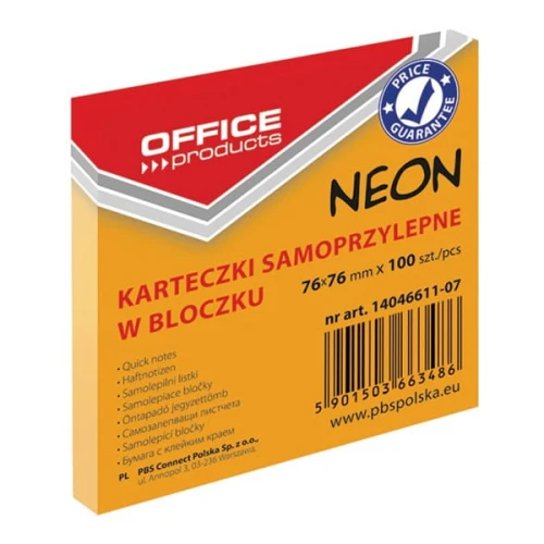 Bloczek biurowy samoprzylepny OFFICE PRODUCTS 76x76mm, 1x100 kart., neon, pomarańczowy