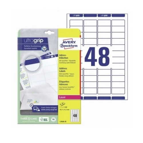 Etykiety papierowe 45,7x21,2mm AVERY ZWECKFORM adresowe ultragrip 25ark 1200etykiet białe