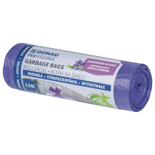 Worki na śmieci 120l LDPE 24µm DONAU PROFESSIONAL z uszami zapach lawendy fioletowe 10szt.