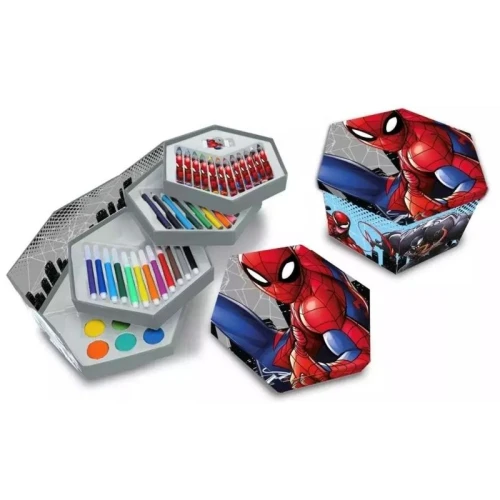 Zestaw heksagonalny 51 elementów SPIDER MAN kredki świecowe kredki ołówkowe pisaki farby akwarelowe gumka temperówka pędzelek